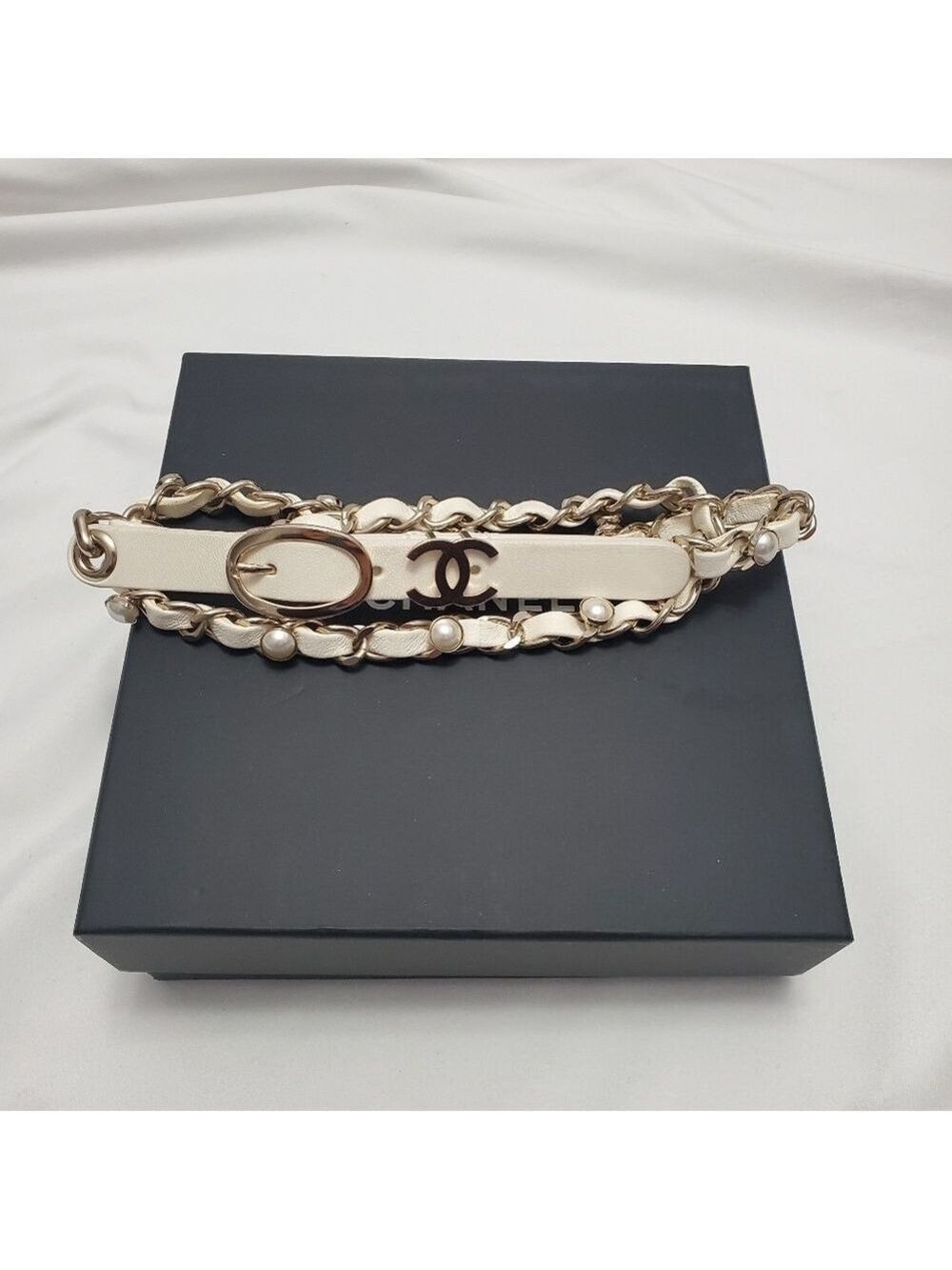 Chanel Belt Pearl Leather Chain White GHW Size 80